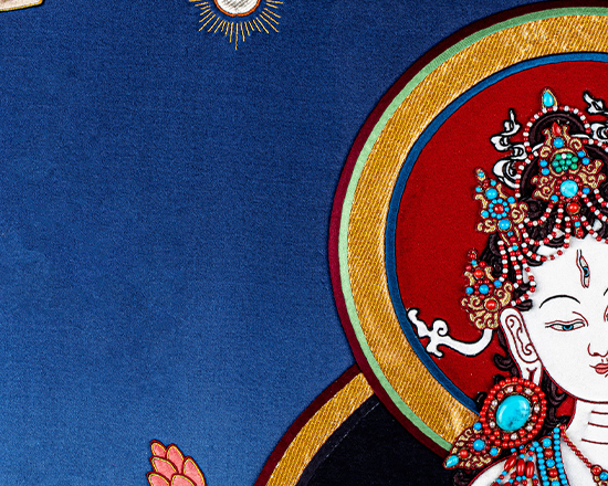 White Tara Applique Thangka – Traditional Tibetan Nepali Thangka Art